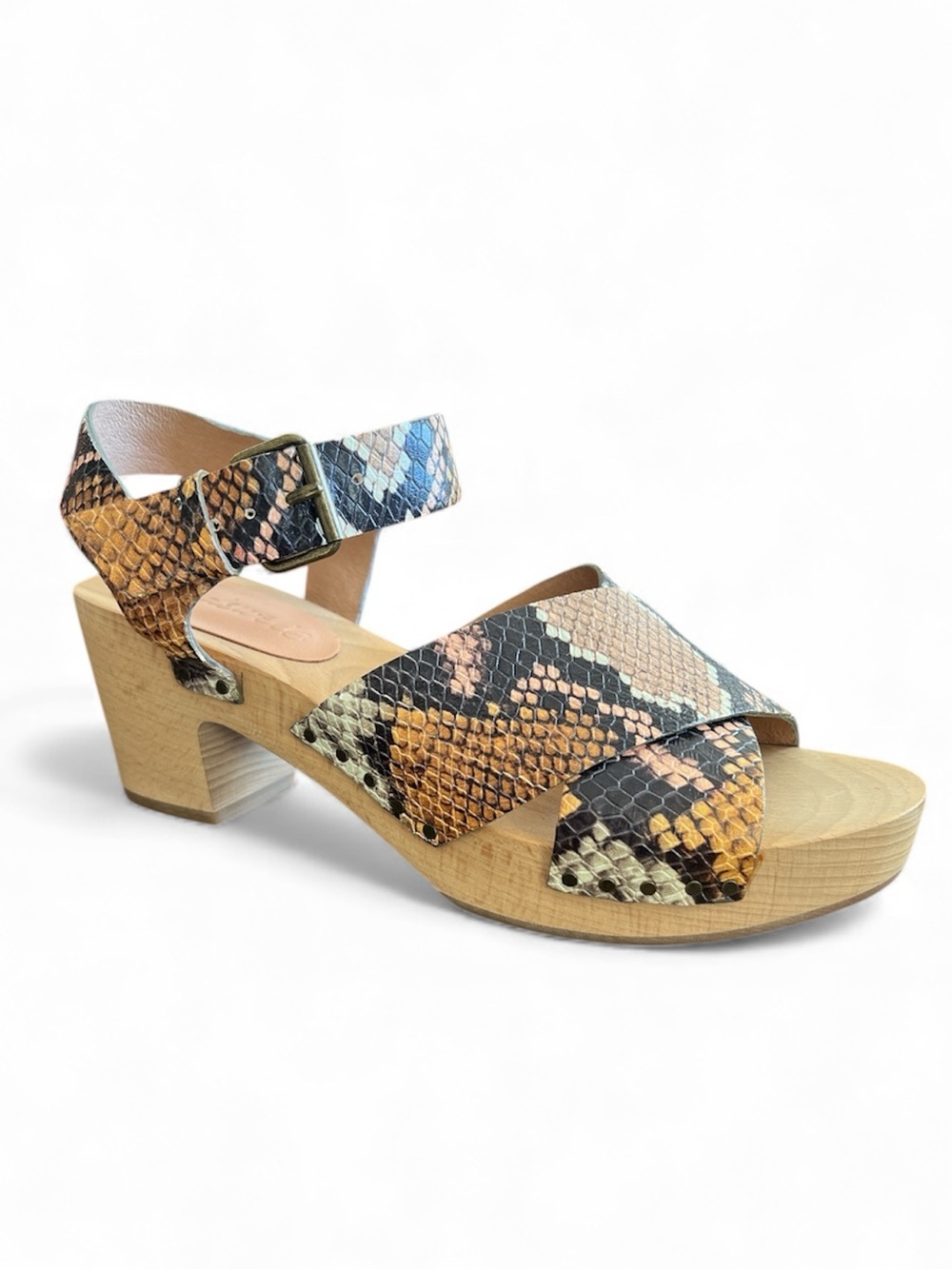 Madewell Johann Snake Embossed Leather Wood Clog Sandals Size 5.5